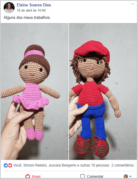 Postagem no Facebook de Amigurumi de uma mulher de vestido rosa e um homem de Roupas vermelhas